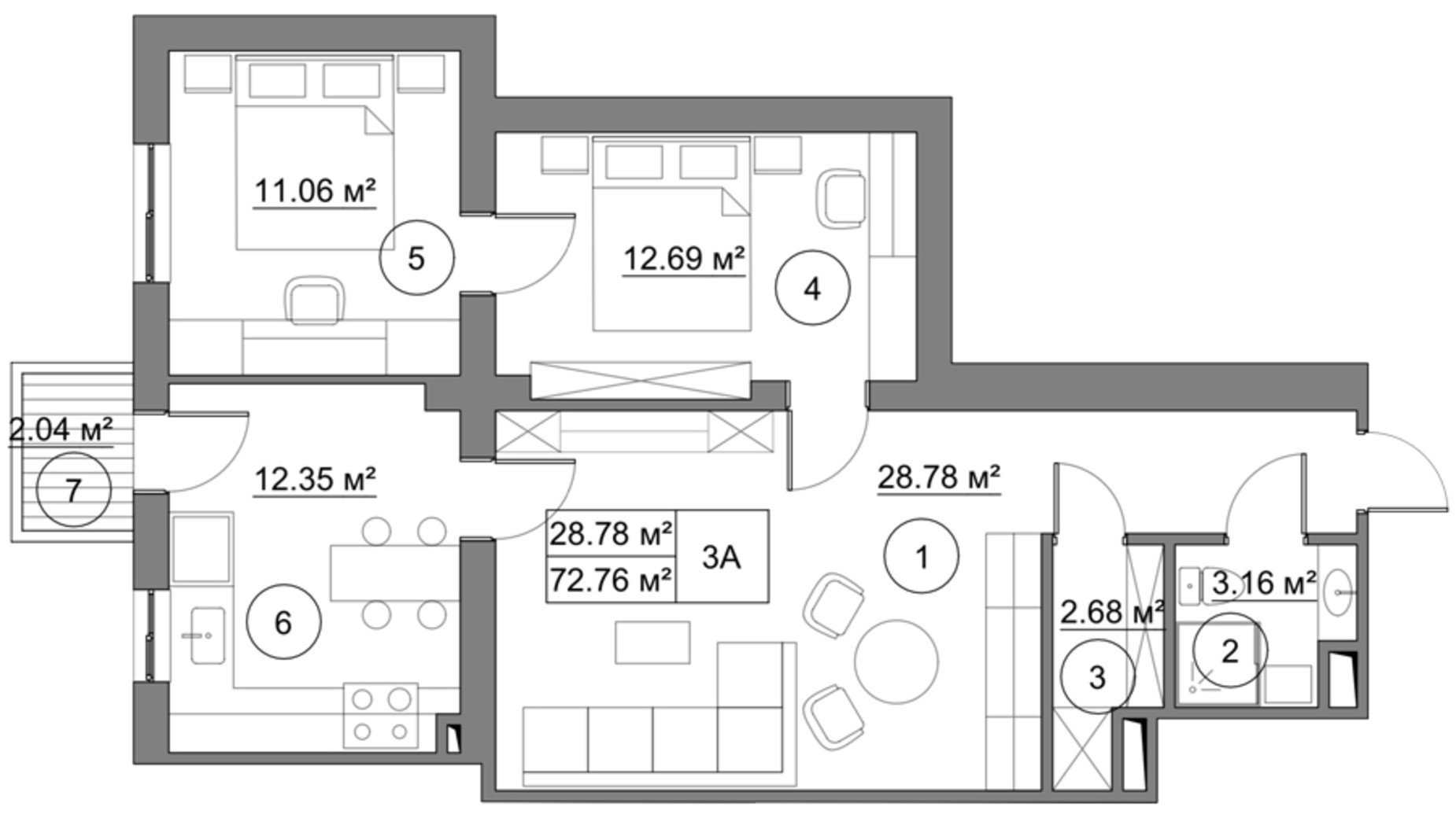 Планировка 3-комнатной квартиры в Клубный дом Петровский Гай 72.76 м², фото 315028
