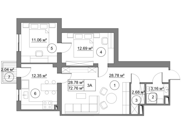 Клубний будинок Петрівський Гай: планування 3-кімнатної квартири 72.76 м²