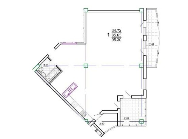ЖК the first capital residence: планування 1-кімнатної квартири 95.3 м²