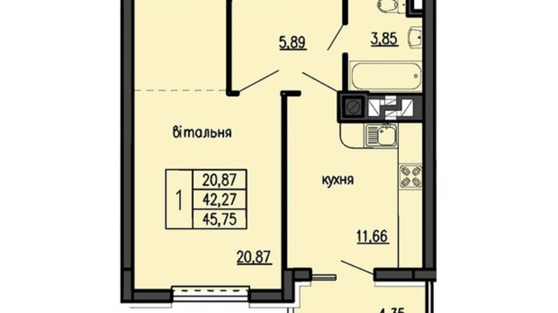 Планировка 1-комнатной квартиры в ЖК Бандери-Нова 45.75 м², фото 315540