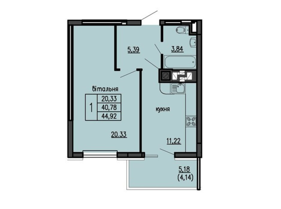 Планировка 1-комнатной квартиры в ЖК Бандери-Нова 44.92 м², фото 315545 Планировка 1-комнатной квартиры в ЖК Бандери-Нова 44.92 м², фото 315545