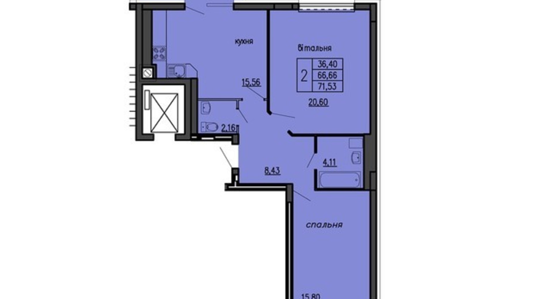 Планировка 2-комнатной квартиры в ЖК Бандери-Нова 71.53 м², фото 315546