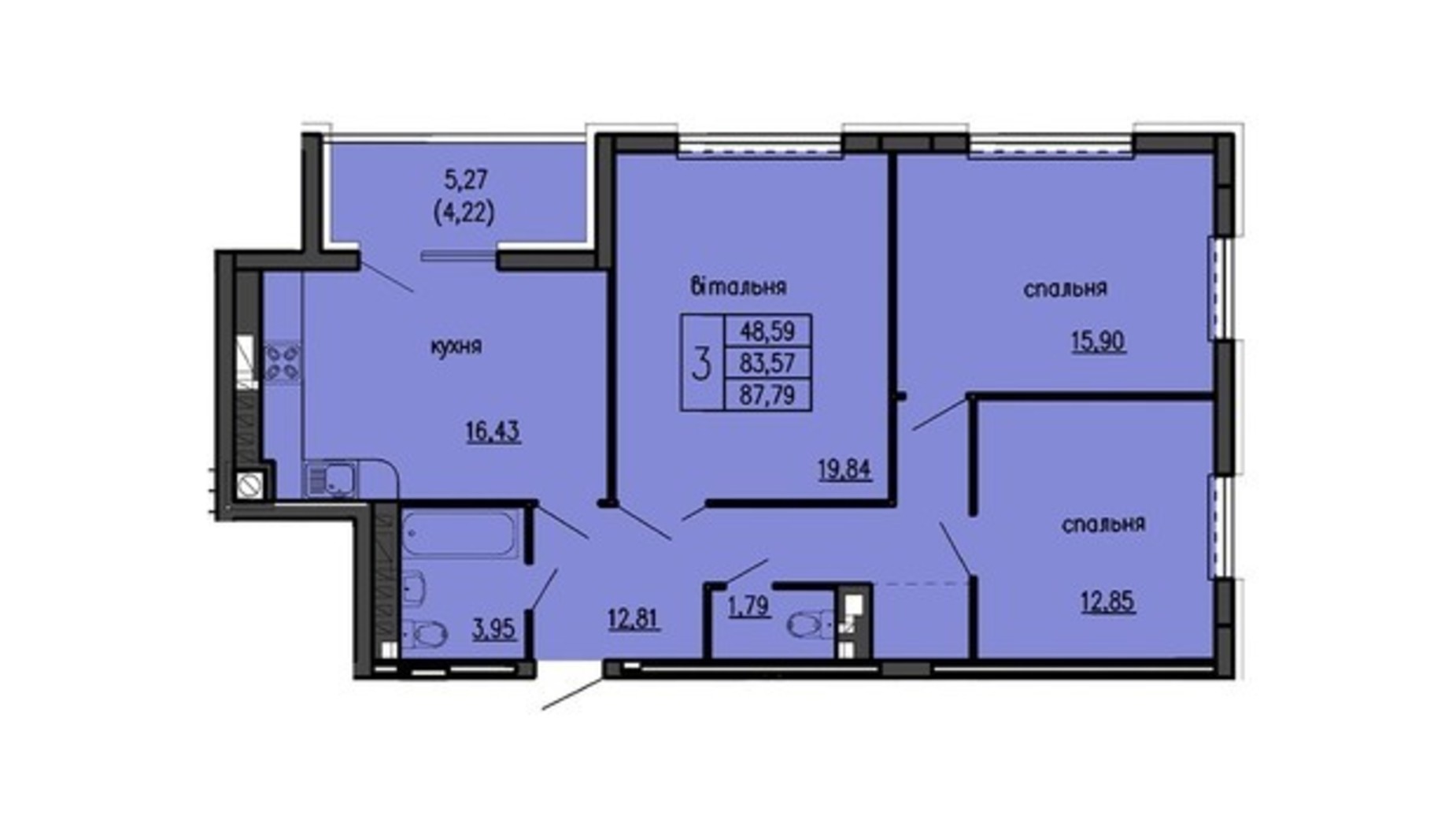 Планировка 3-комнатной квартиры в ЖК Бандери-Нова 87.79 м², фото 315552