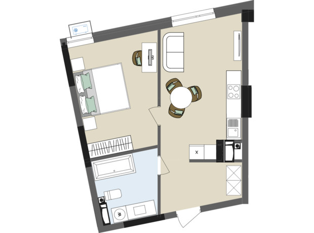 ЖК Chalet: планування 1-кімнатної квартири 45.08 м²