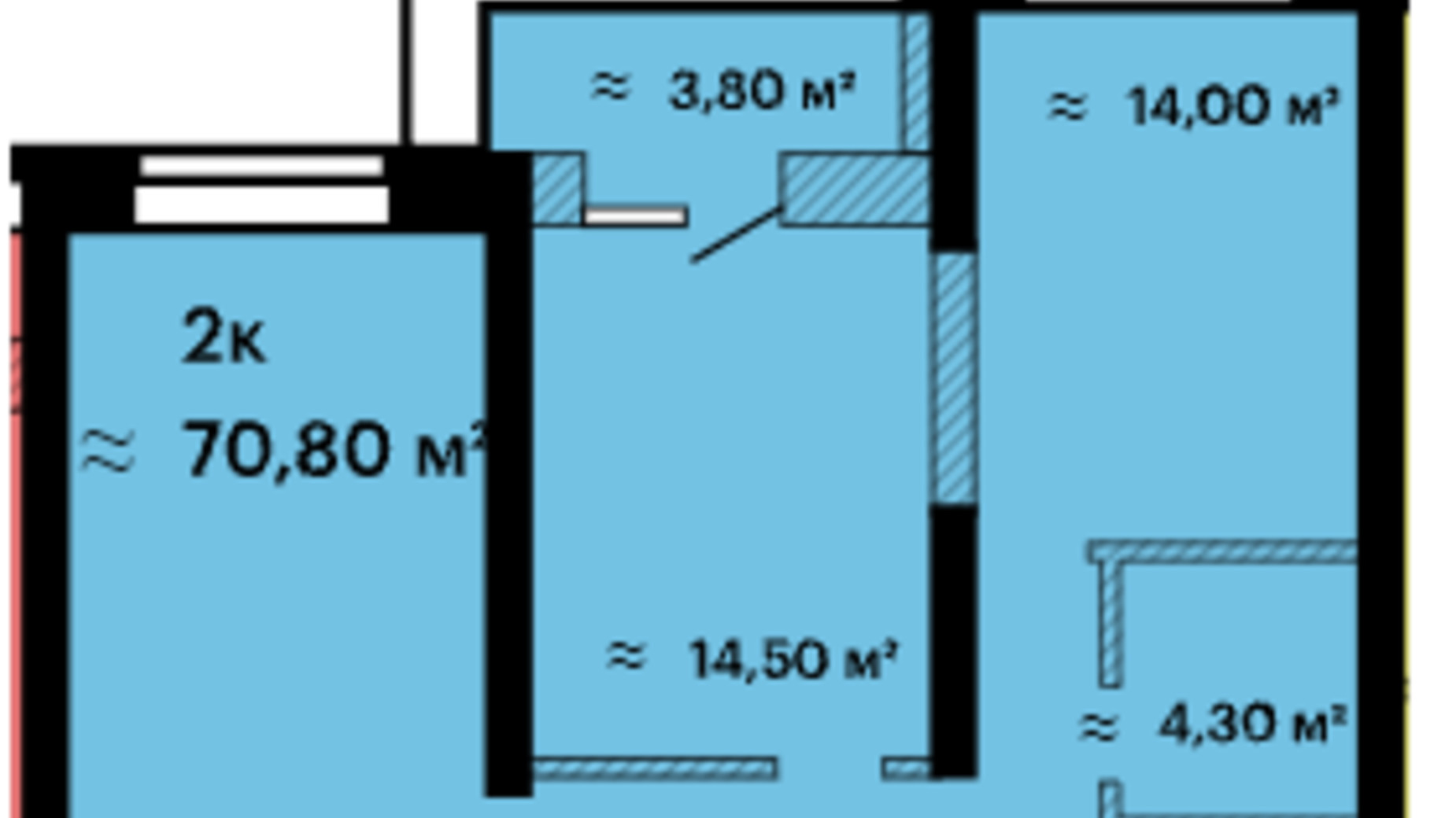 Планировка 2-комнатной квартиры в ЖК Оскар 70.8 м², фото 315584