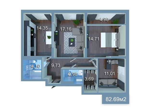 ЖК Star City: планировка 3-комнатной квартиры 90.49 м²