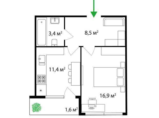 ЖК Park Land: планування 1-кімнатної квартири 42.5 м²