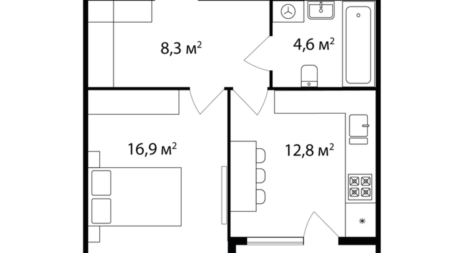 Планування 1-кімнатної квартири в ЖК Park Land 43.9 м², фото 316030