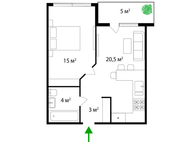 ЖК Park Land: планування 1-кімнатної квартири 43 м²