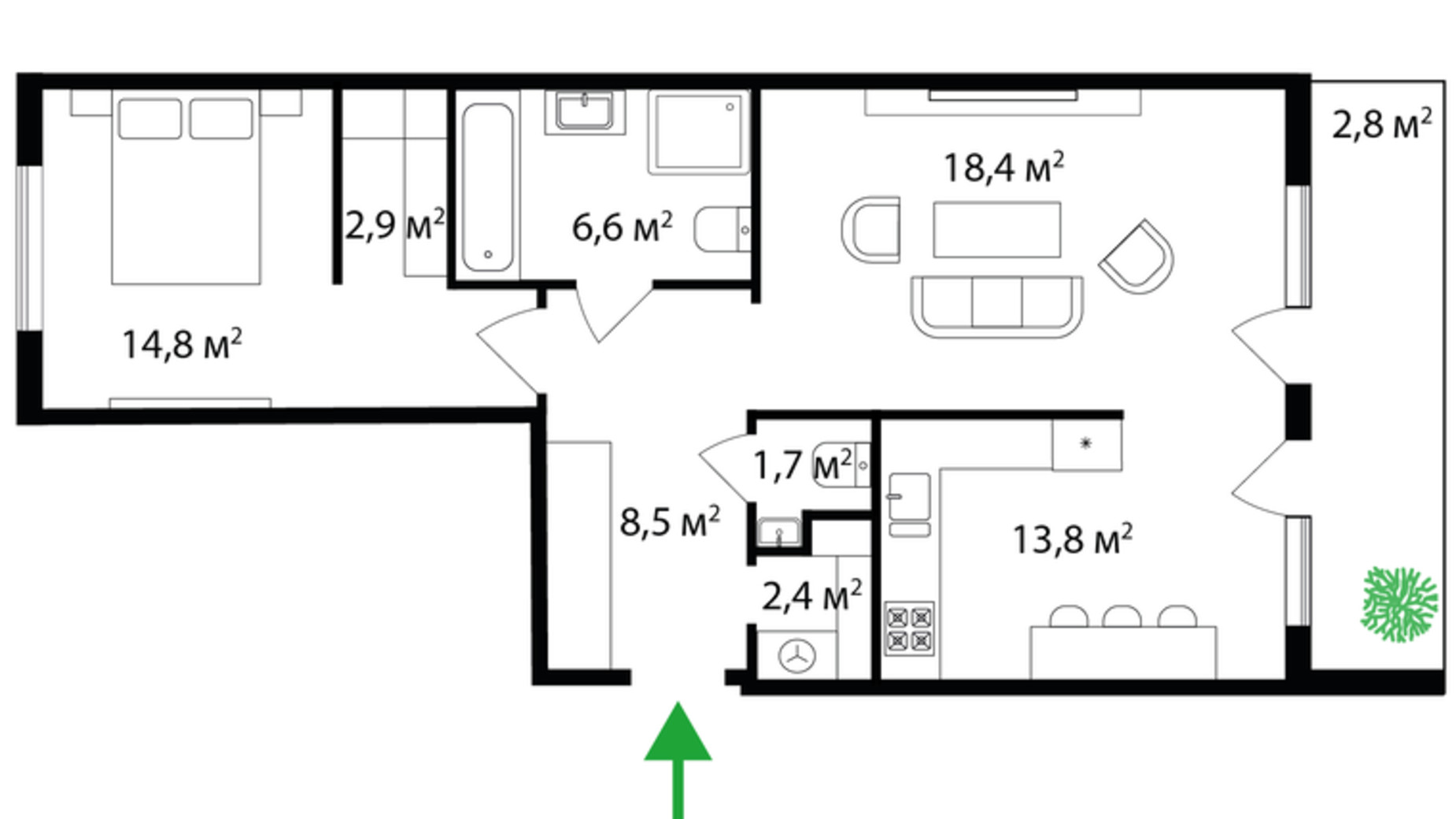 Планування 2-кімнатної квартири в ЖК Park Land 73.3 м², фото 316050