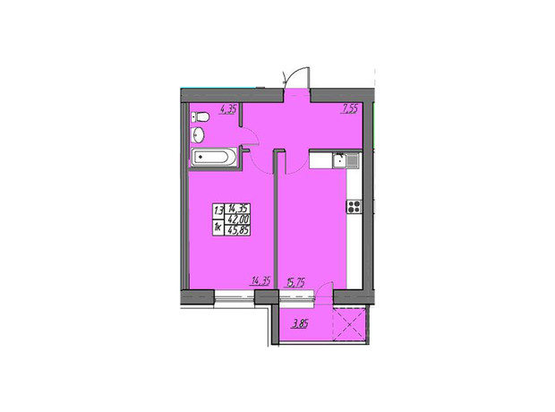 ЖК на Шептицкого: планировка 1-комнатной квартиры 45.85 м²