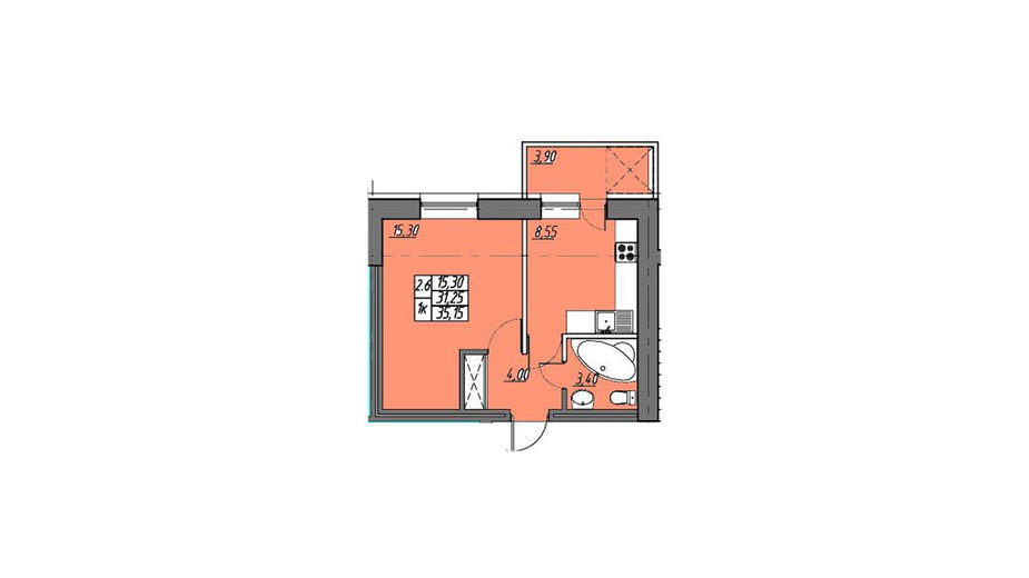 Планировка 1-комнатной квартиры в ЖК на Шептицкого 35.15 м², фото 316180