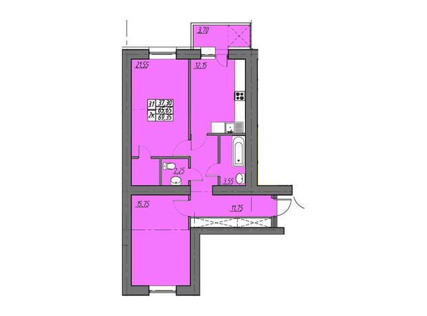 ЖК на Шептицкого: планировка 2-комнатной квартиры 69.35 м²