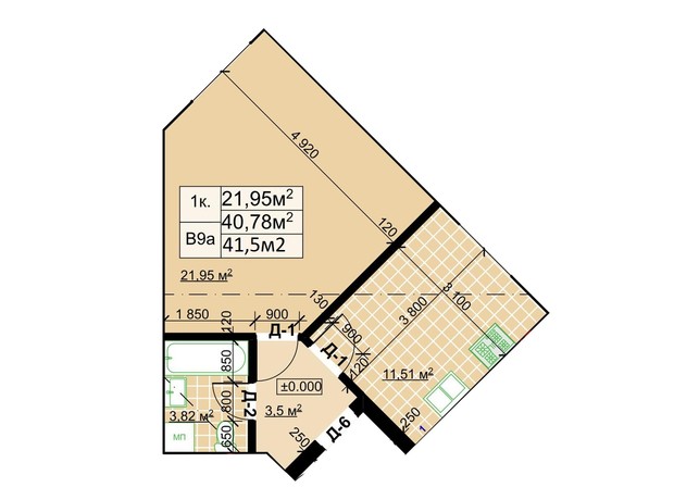 ЖК Столичный квартал: планировка 1-комнатной квартиры 41.5 м²