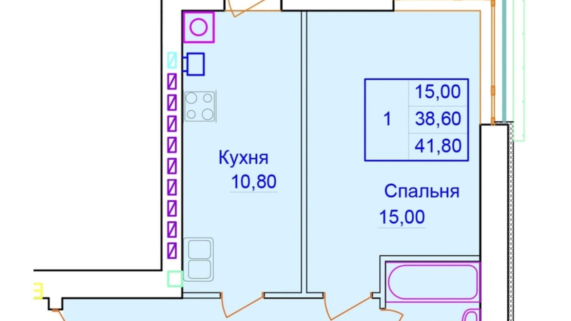 Планировка 1-комнатной квартиры в ЖК Европейский 41.8 м², фото 316280