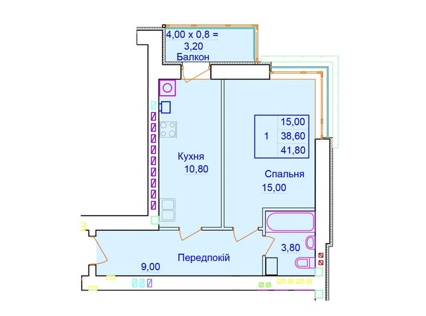 ЖК Європейський: планування 1-кімнатної квартири 41.8 м²