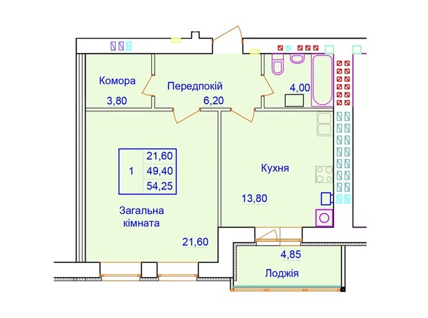 ЖК Европейский: планировка 1-комнатной квартиры 54.25 м²