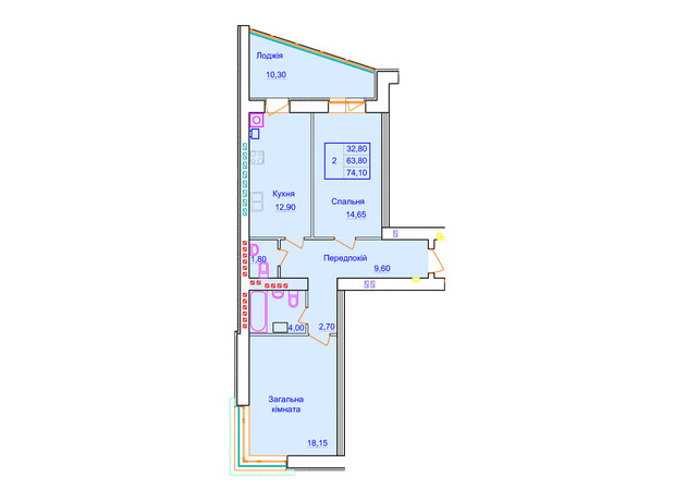 ЖК Европейский: планировка 2-комнатной квартиры 72.87 м²