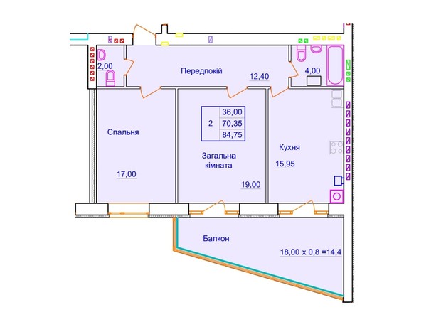 ЖК Европейский: планировка 2-комнатной квартиры 82.35 м²