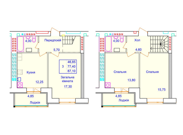 ЖК Европейский: планировка 3-комнатной квартиры 87.1 м²