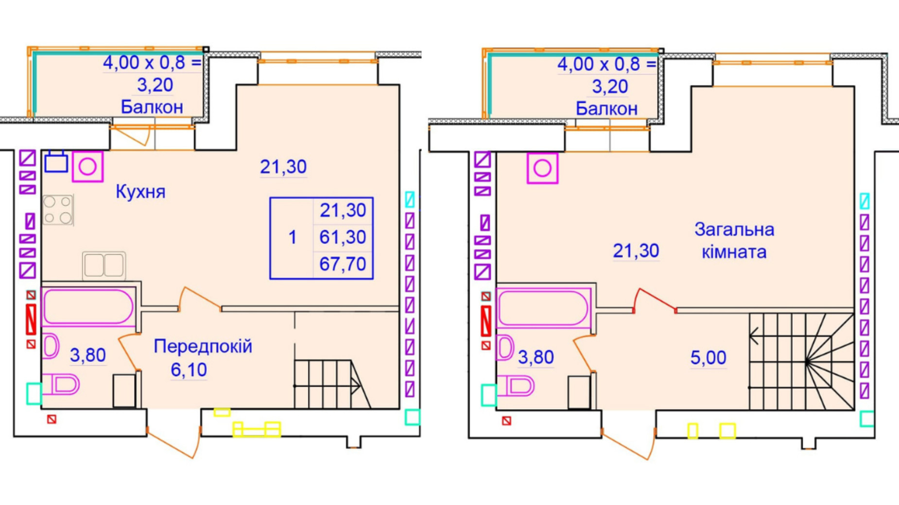 Планування багато­рівневої квартири в ЖК Європейський 74.49 м², фото 316288