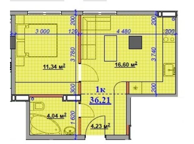 ЖК Grand Hall: планування 1-кімнатної квартири 36.2 м²