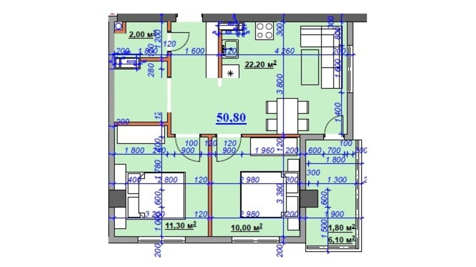 Планування 2-кімнатної квартири в ЖК Grand Hall 50.8 м², фото 316319