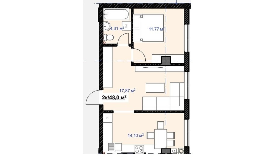 Планування 2-кімнатної квартири в ЖК Grand Hall 48 м², фото 316335