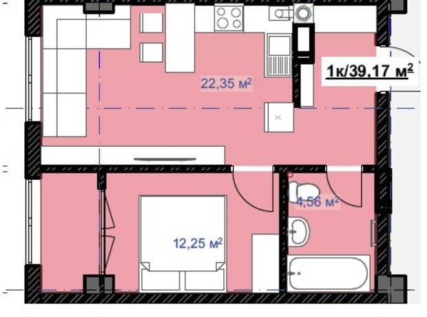 ЖК Grand Hall: планування 1-кімнатної квартири 39.17 м²
