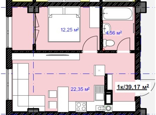 ЖК Grand Hall: планировка 1-комнатной квартиры 39.17 м²