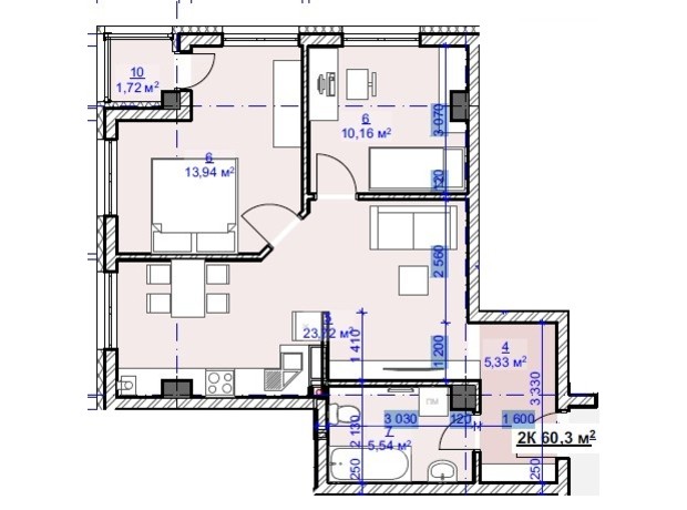 ЖК Grand Hall: планировка 2-комнатной квартиры 60.3 м²