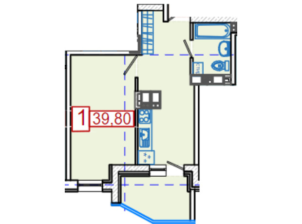 ЖК Немецкий проект на Холодной Горе: планировка 1-комнатной квартиры 39.8 м²