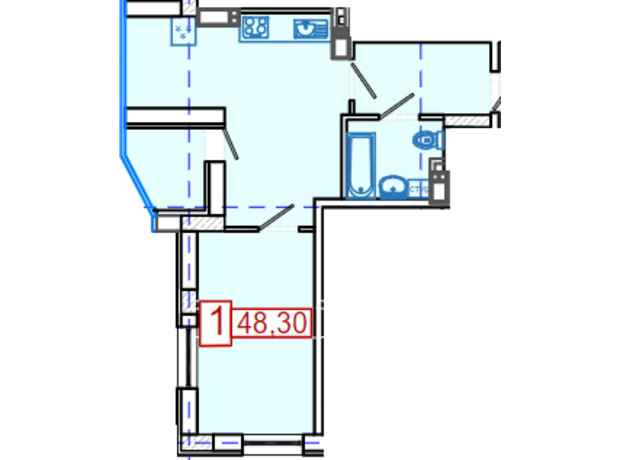 ЖК Немецкий проект на Холодной Горе: планировка 1-комнатной квартиры 48.3 м²