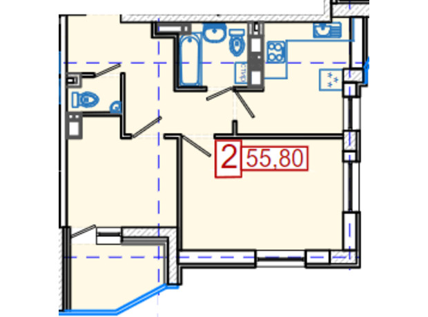 ЖК Німецький проект на Холодній Горі: планування 2-кімнатної квартири 55.8 м²