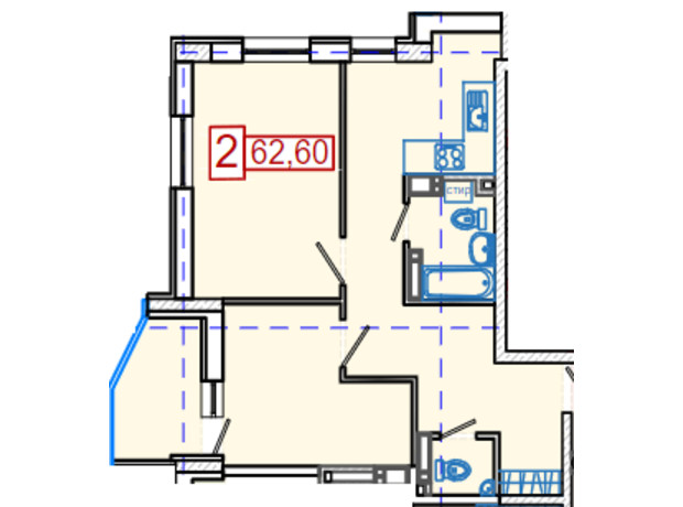 ЖК Немецкий проект на Холодной Горе: планировка 2-комнатной квартиры 62.6 м²