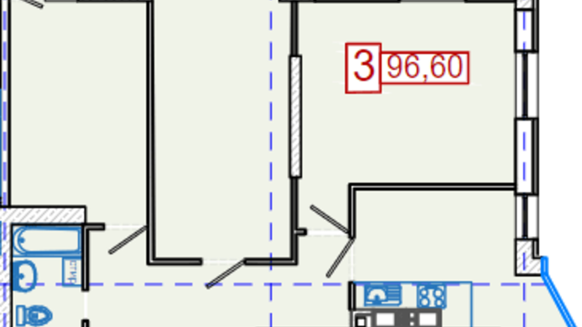 Планировка 3-комнатной квартиры в ЖК Немецкий проект на Холодной Горе 96.6 м², фото 316623