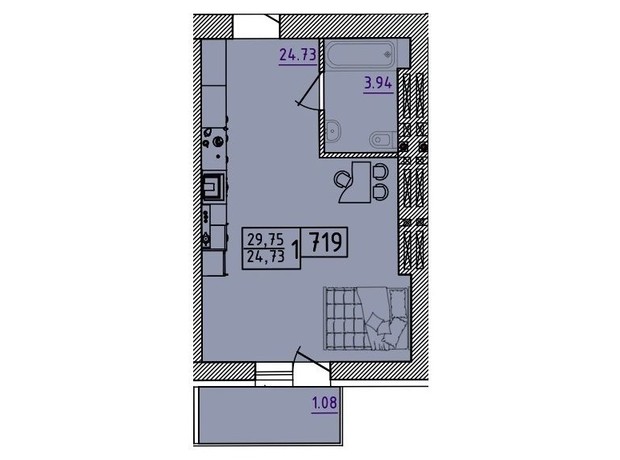 ЖК Парк Морський: планування 1-кімнатної квартири 29.75 м²