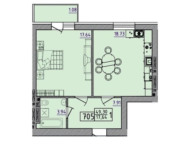 ЖК Парк Морський: планування 1-кімнатної квартири 49.3 м²
