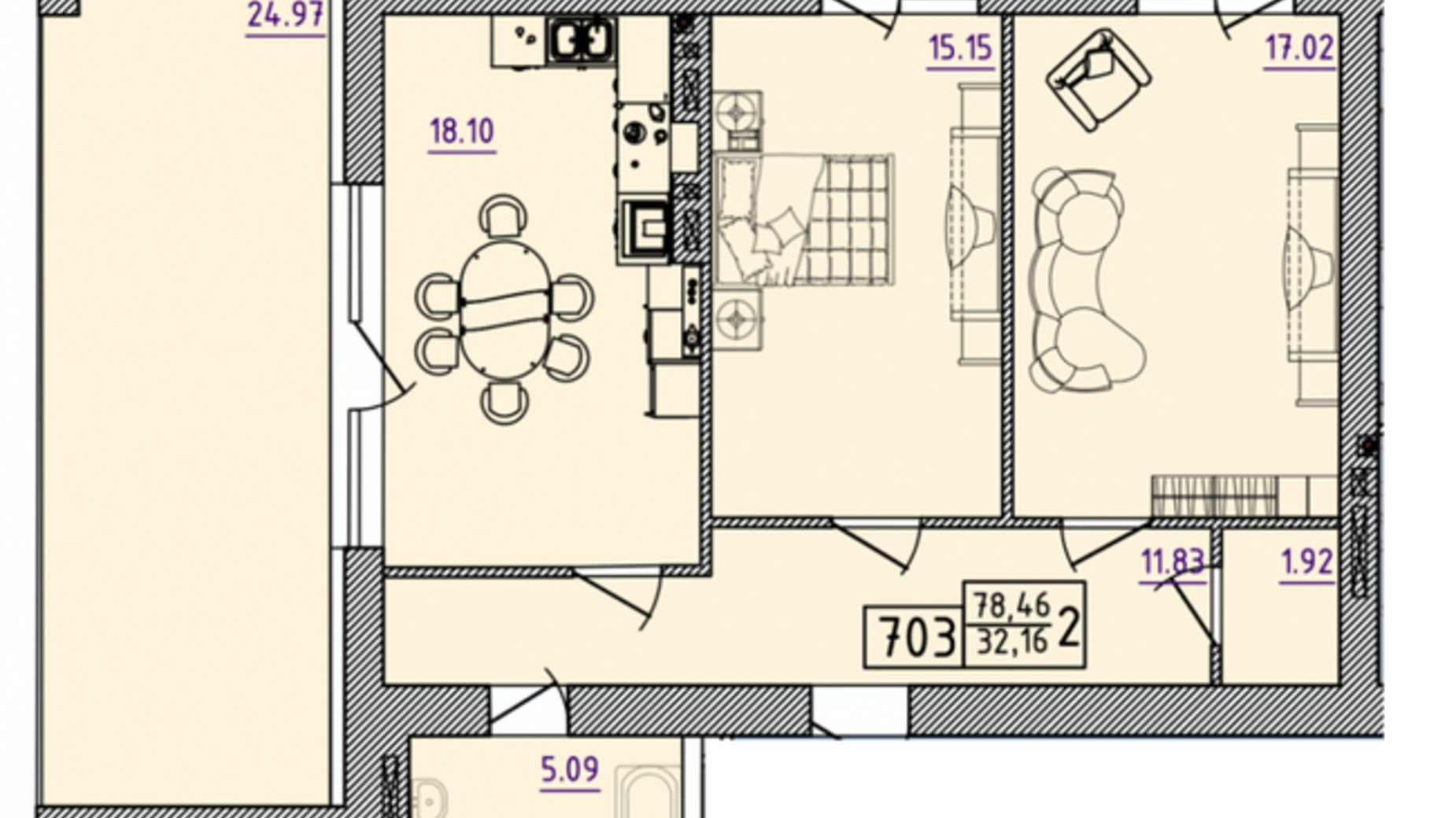 Планировка 2-комнатной квартиры в ЖК Парк Морской 78.46 м², фото 316652