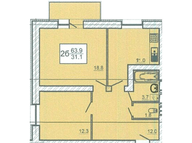 ЖК Оазис: планування 2-кімнатної квартири 63.9 м²