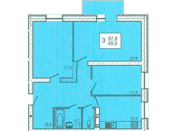 ЖК Оазис: планировка 3-комнатной квартиры 87.8 м²