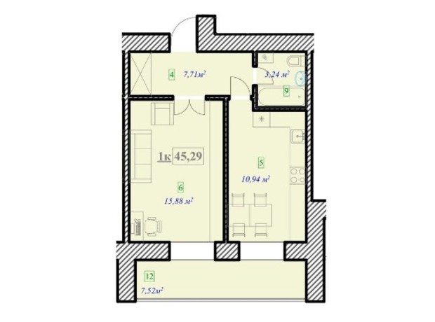 ЖК Юбилейный: планировка 1-комнатной квартиры 46.6 м²