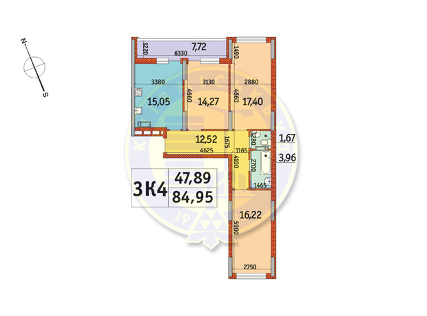 ЖК Отрада: планировка 3-комнатной квартиры 84.95 м²