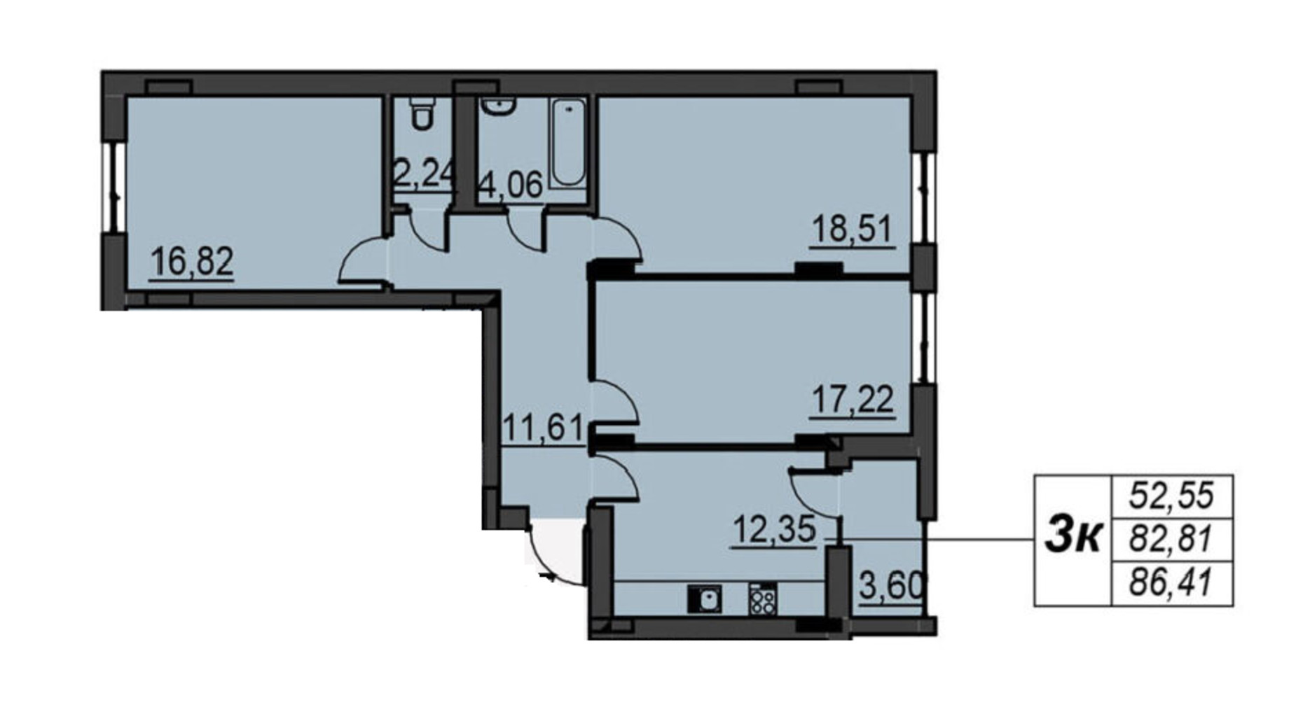 Планування 3-кімнатної квартири в ЖК Повітряна  Hall 86.41 м², фото 316776