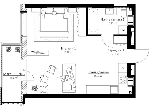 ЖК Boston Creative House: планування 1-кімнатної квартири 43.21 м²