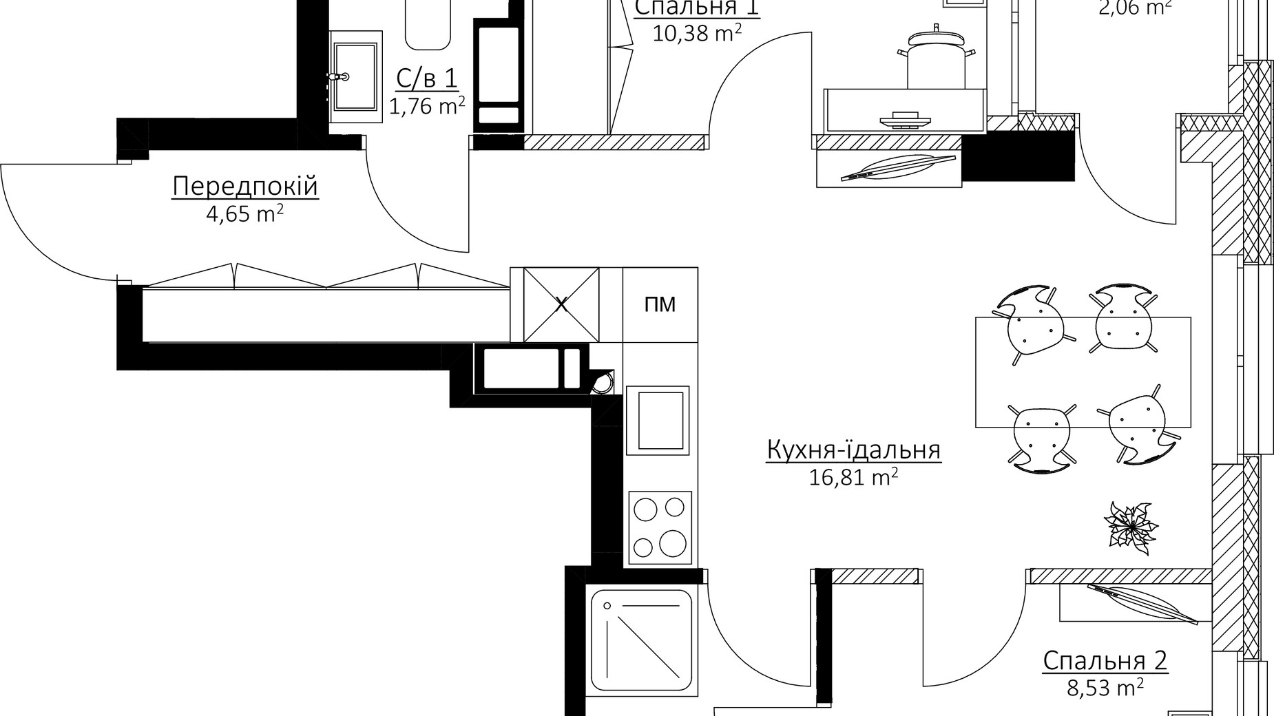 Планировка 2-комнатной квартиры в ЖК Boston Creative House 49.17 м², фото 316895