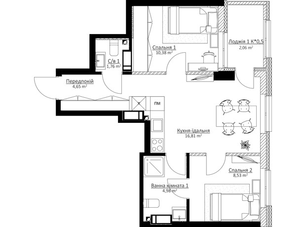 ЖК Boston Creative House: планування 2-кімнатної квартири 49.17 м²