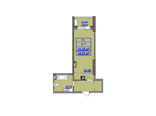 ЖК Посейдон: планування 1-кімнатної квартири 31.48 м²