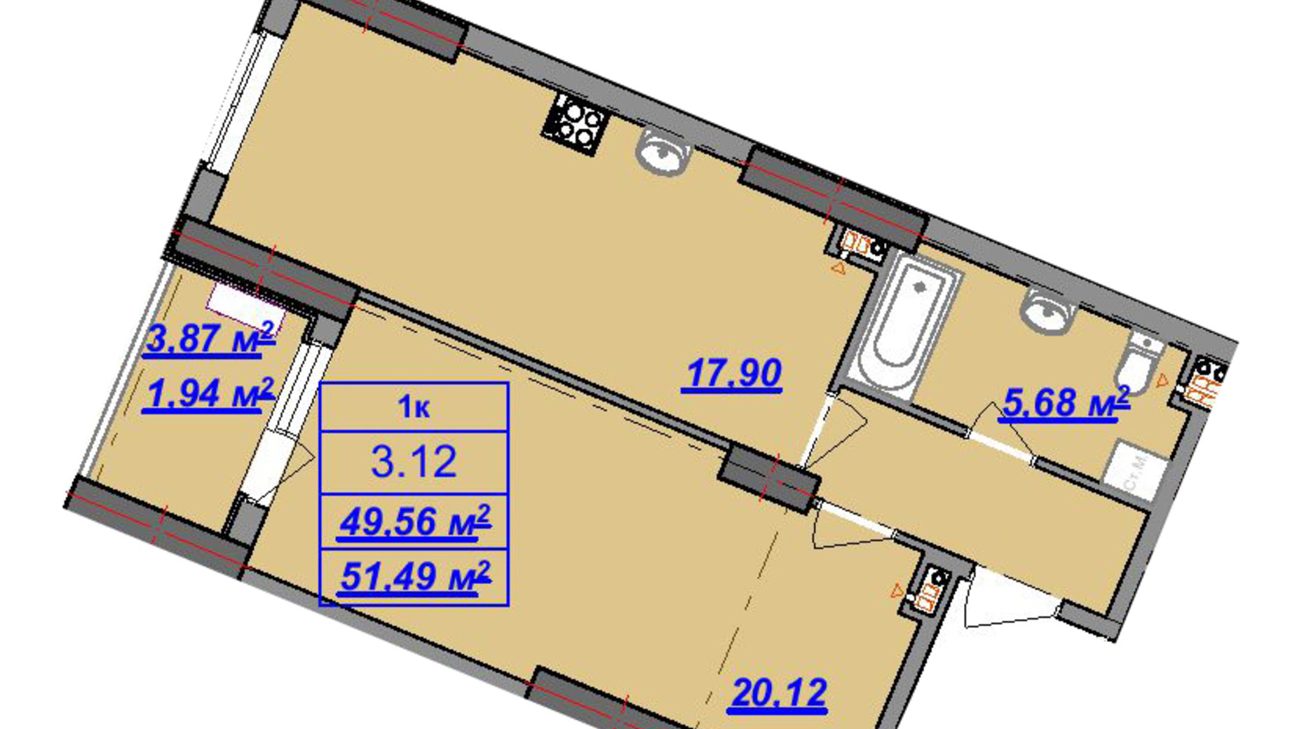 Планування 1-кімнатної квартири в ЖК Посейдон 51.66 м², фото 317224