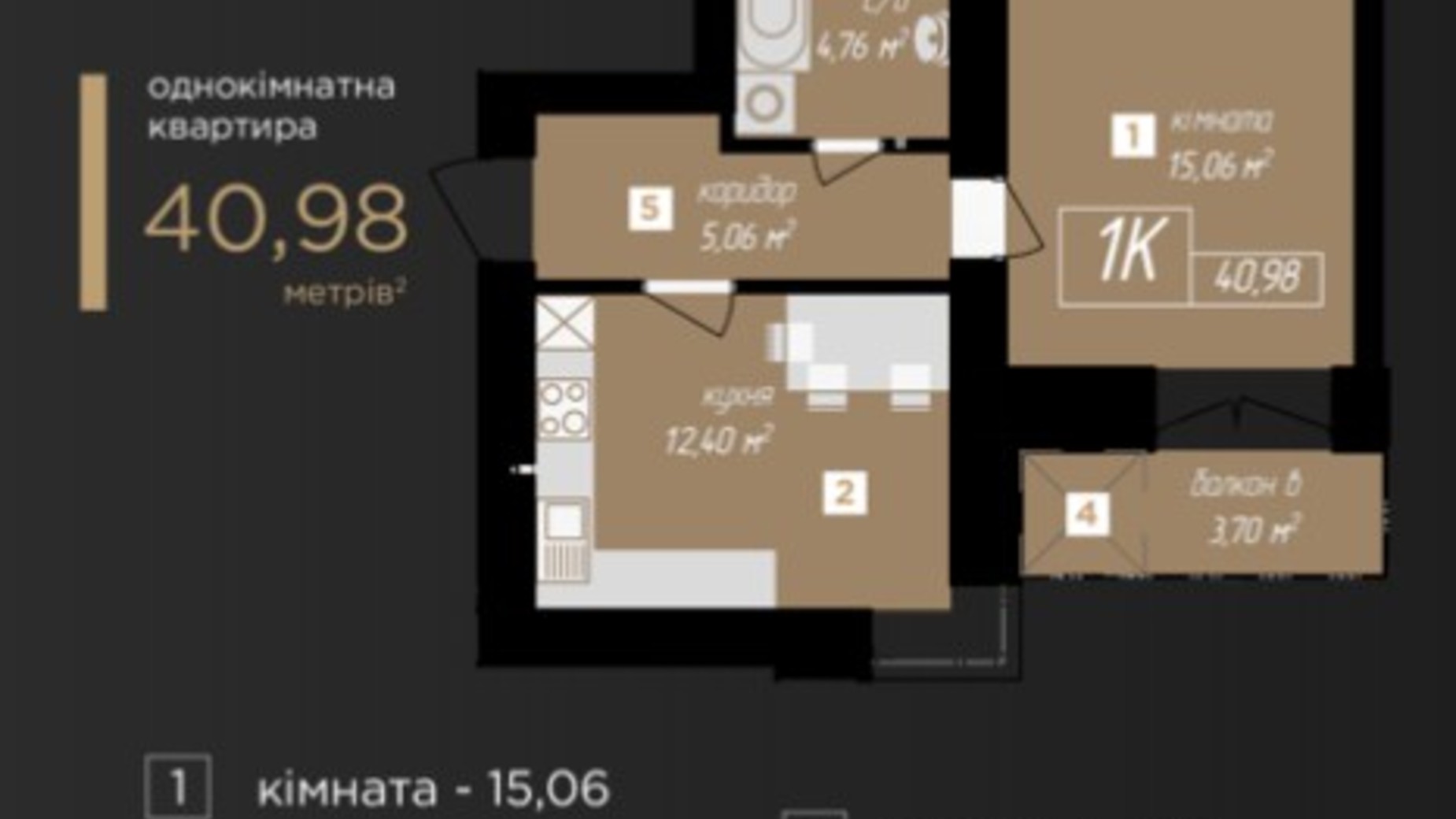 Планування 1-кімнатної квартири в ЖК Козацький 40.98 м², фото 317247